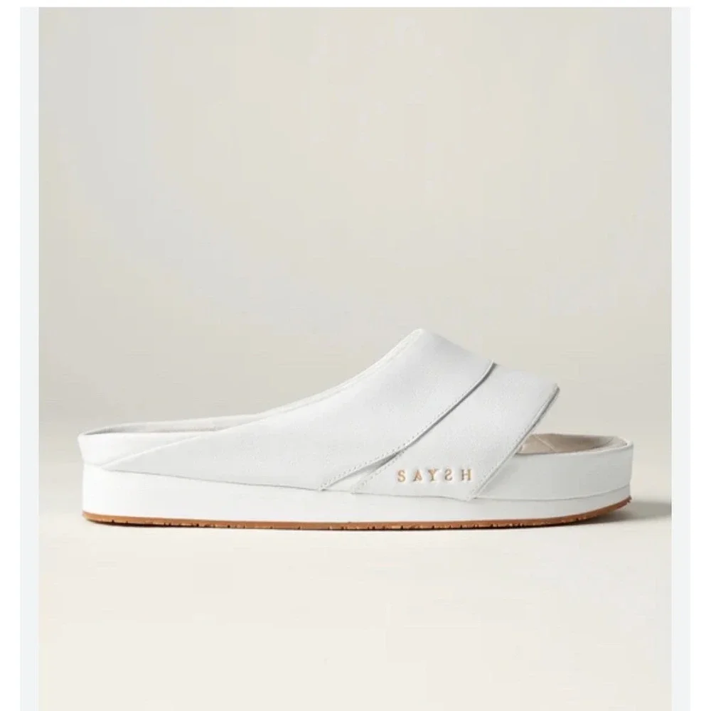SAYSH Scia Slide Sandal White Leather Platform Comfort Slip On Shoes Size 7 NWOB